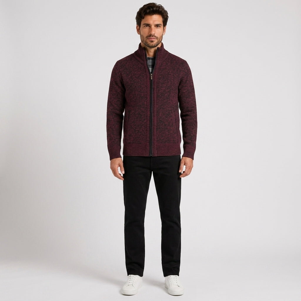 Charles White | Fleece-Lined Zip Sweater With Stand Collar - Wine Red
