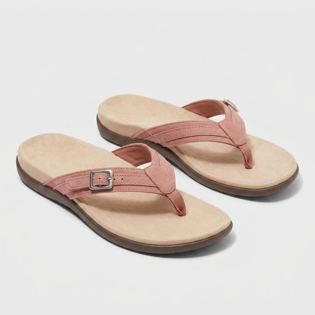 Charlotte Baker | Denim Buckle Flip-Flop Sandals - Brick red