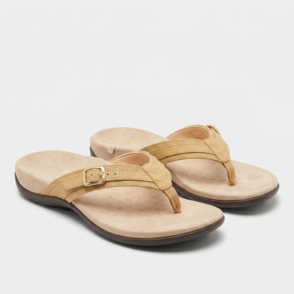 Charlotte Baker | Denim Buckle Flip-Flop Sandals - Ginger
