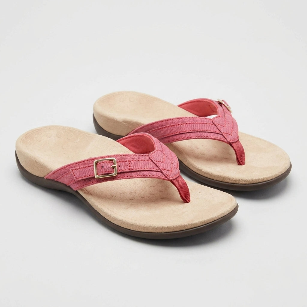 Charlotte Baker | Denim Buckle Flip-Flop Sandals - Pink