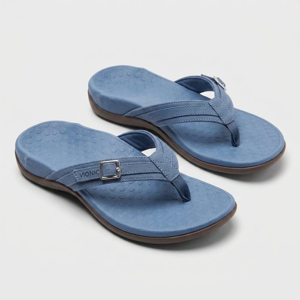 Charlotte Baker | Denim Buckle Flip-Flop Sandals - Royal blue