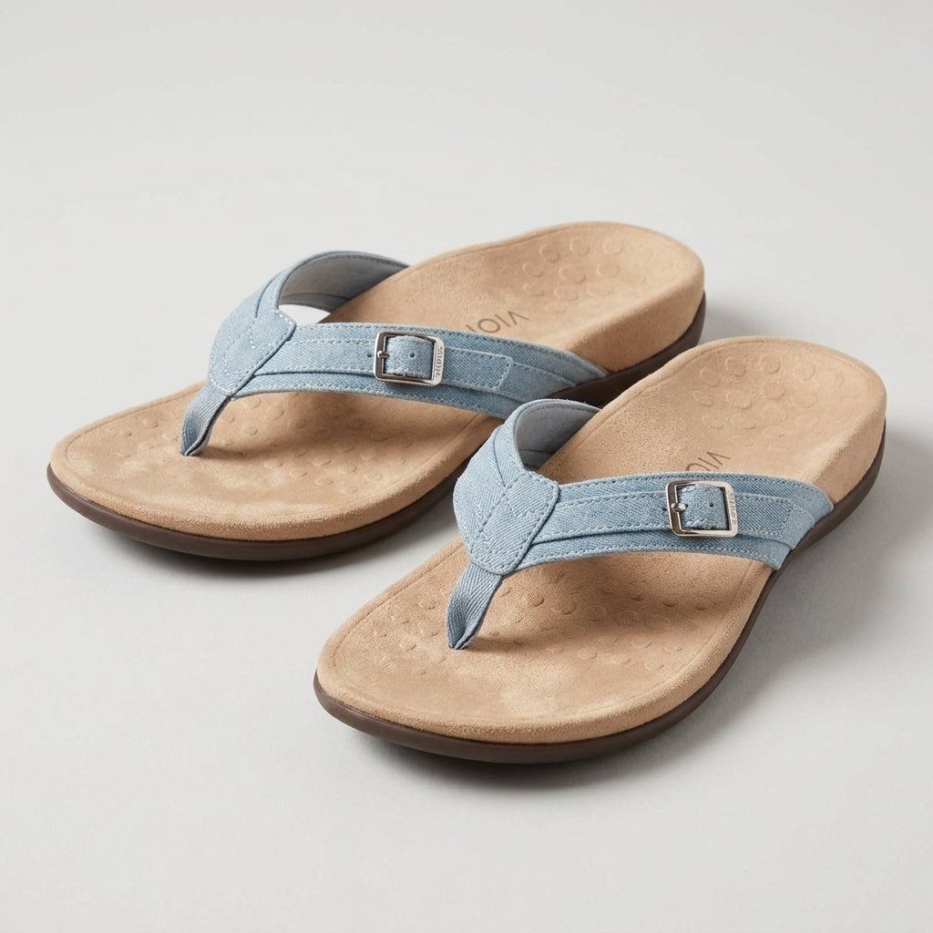 Charlotte Baker | Denim Buckle Flip-Flop Sandals - Sky blue