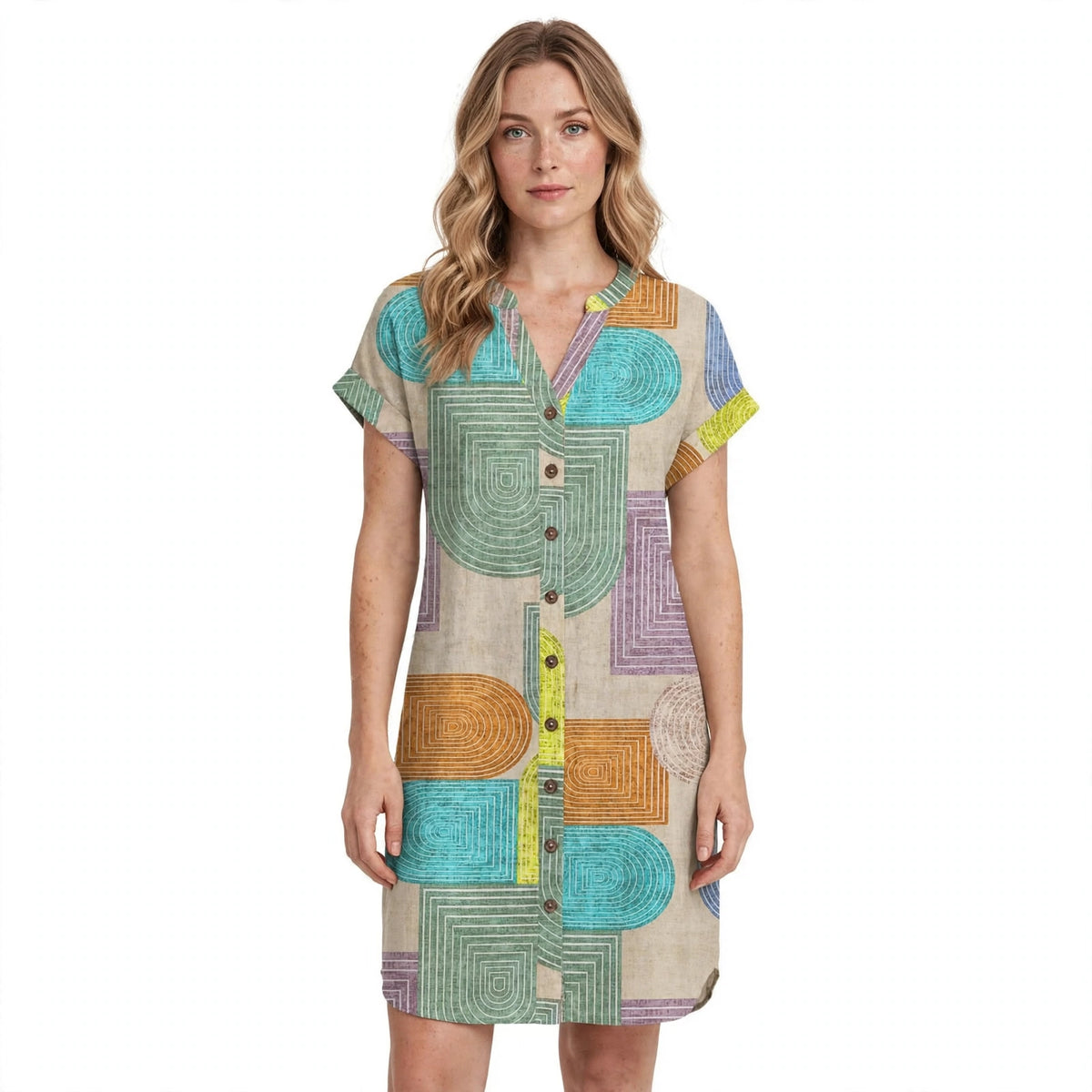 Harriet Landon | Geometric Print Shirt Dress With V-Neck