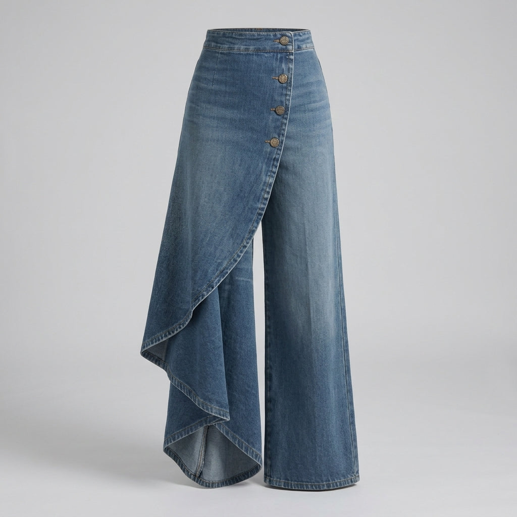Constance Ridley | High-Waisted Wide-Leg Denim Trousers with Asymmetric Ruffle