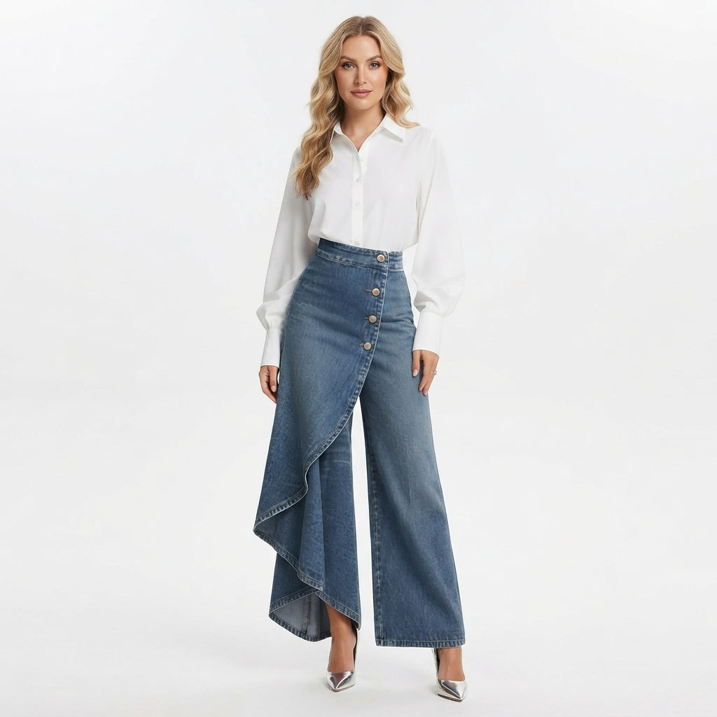Constance Ridley | High-Waisted Wide-Leg Denim Trousers with Asymmetric Ruffle