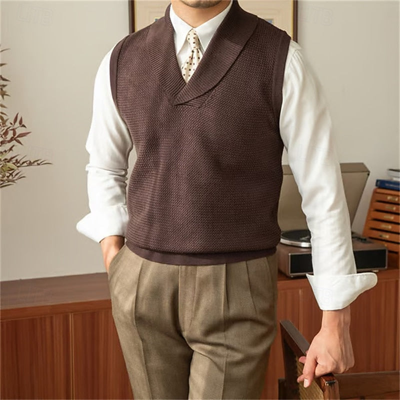 Clive Ashdown | Rust Knit Sweater Vest With Shawl Collar