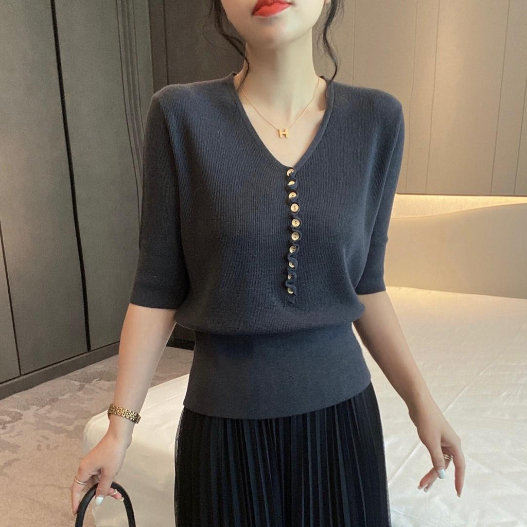 Alice Bennett | Green V-Neck Knit Top with Button Detail