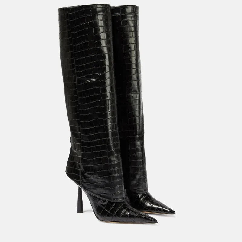 Eleanor Pryce | Knee-High Croc-Effect Pointed Toe Stiletto Boots