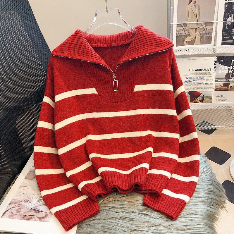 Siobhan Byrne | Striped Half-Zip Collared Knit Sweater