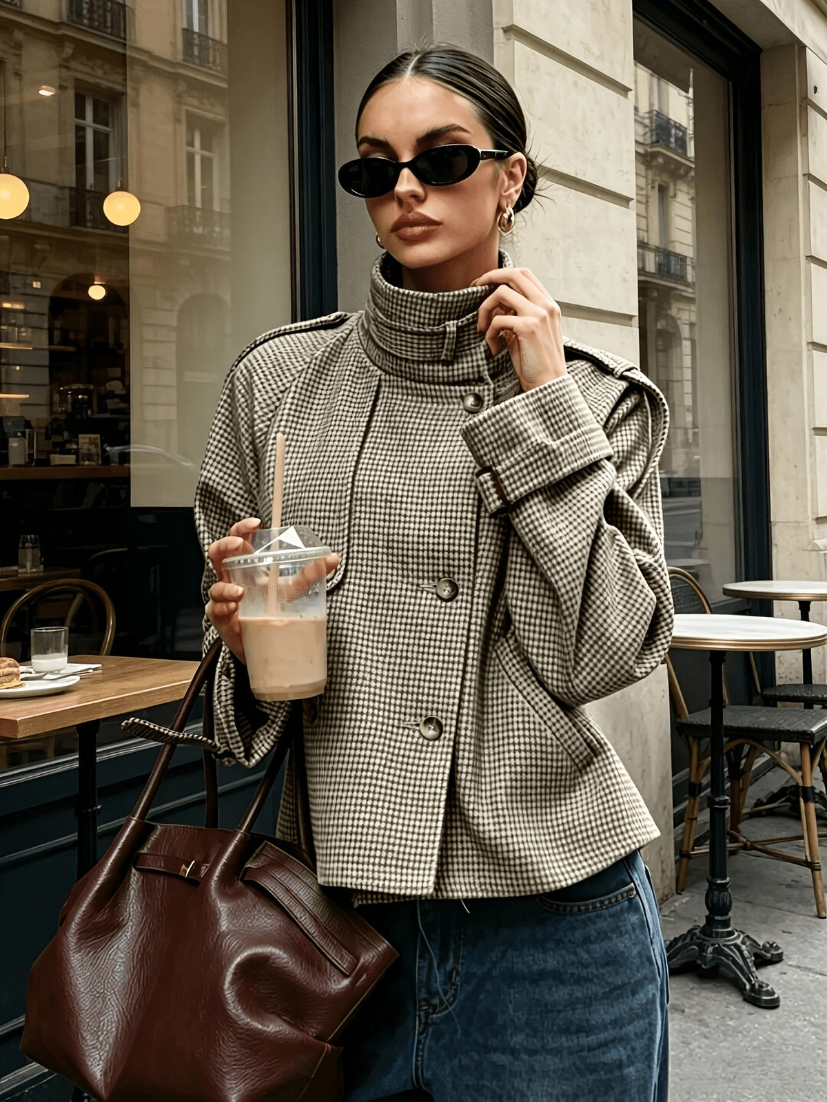 Prudence Sharland | Stand-Collar Houndstooth Cropped Jacket