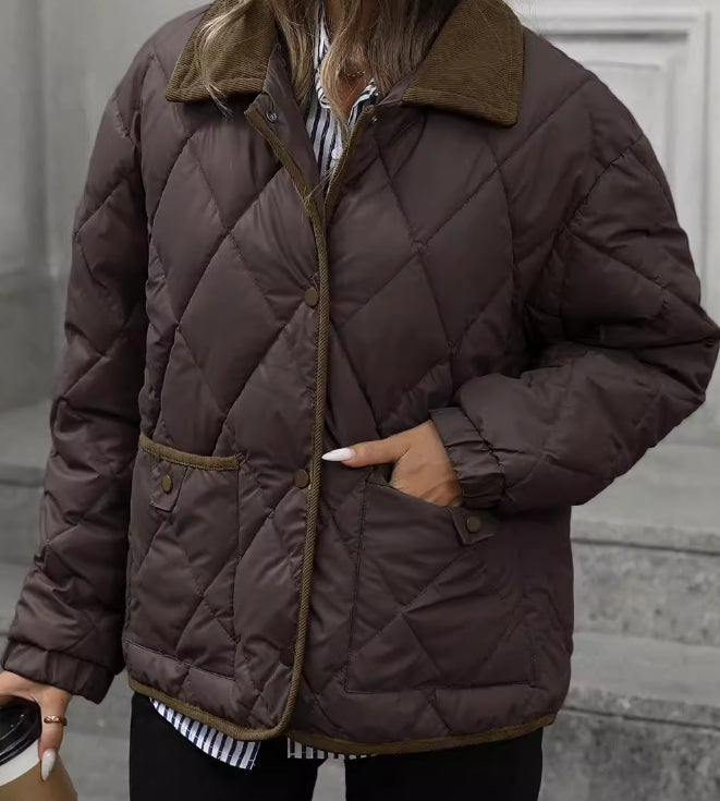 Cecily Evans | Quilted Diamond Puffer Coat with Lapel Collar