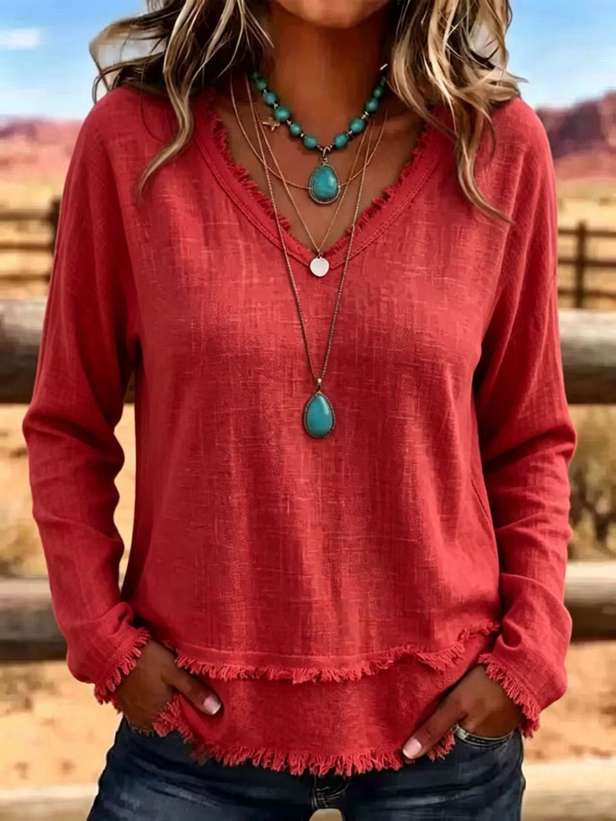 Margot Ainsley | Frayed V-Neck Long Sleeve Top