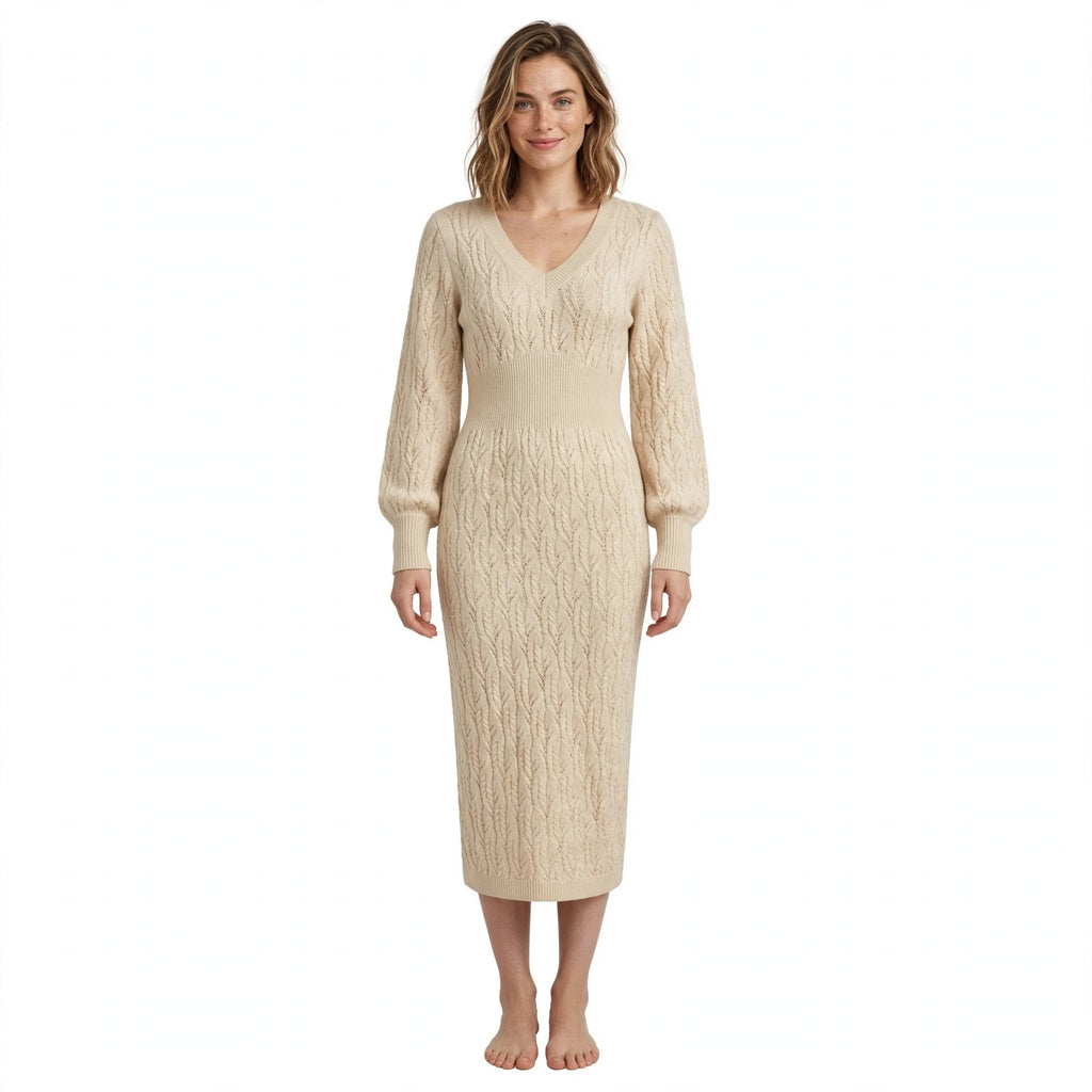 Imogen Whitfield | Cable Knit V-Neck Midi Dress