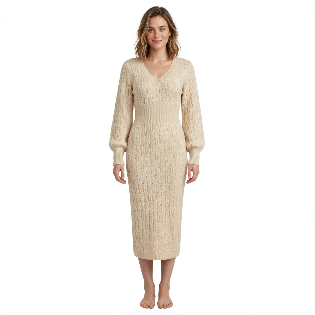 Imogen Whitfield | Cable Knit V-Neck Midi Dress