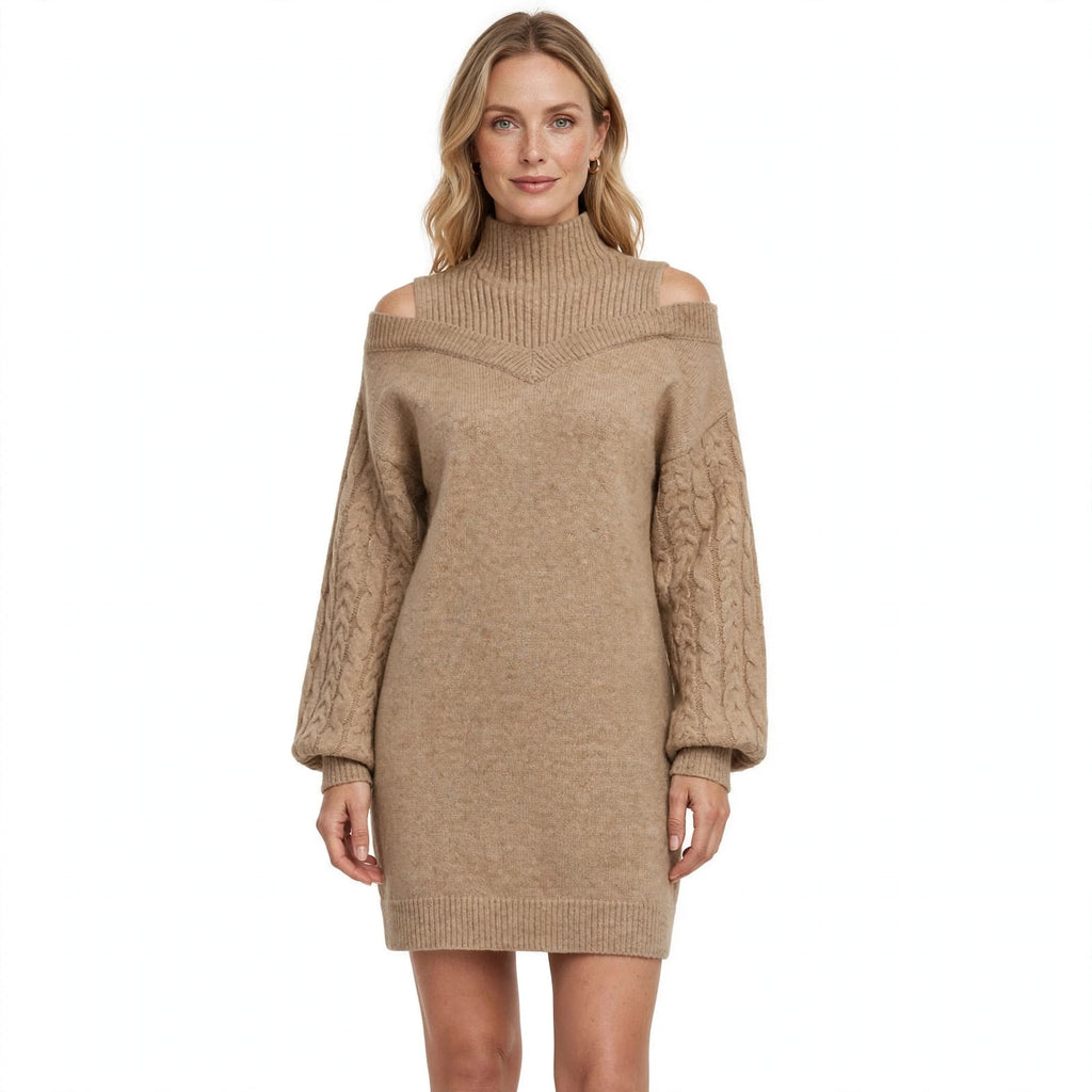Harriet Doyle | Cold-Shoulder Turtleneck Sweater Dress With Cable-Knit Sleeves