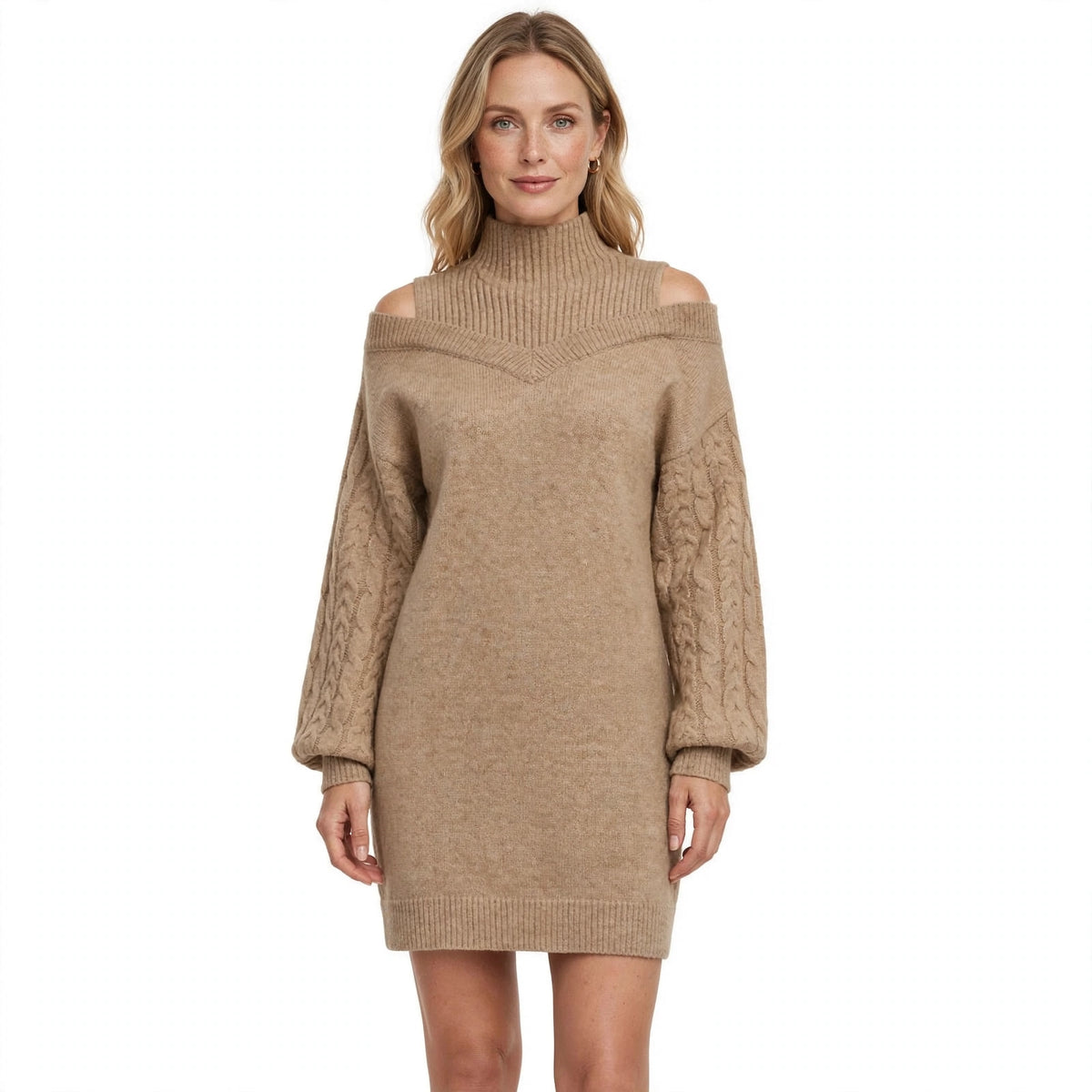 Harriet Doyle | Cold-Shoulder Turtleneck Sweater Dress With Cable-Knit Sleeves