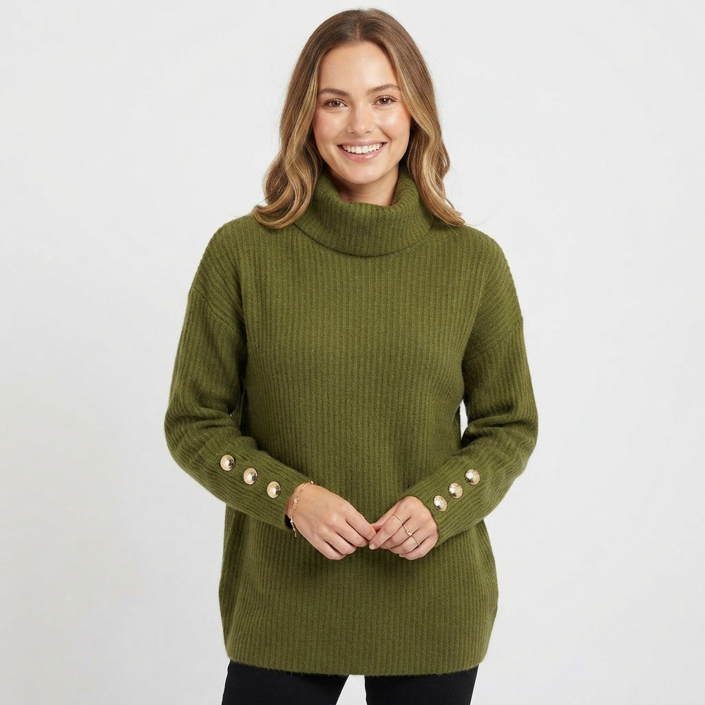 Daphne Sherwood | Turtleneck Button-Cuff Knit Sweater