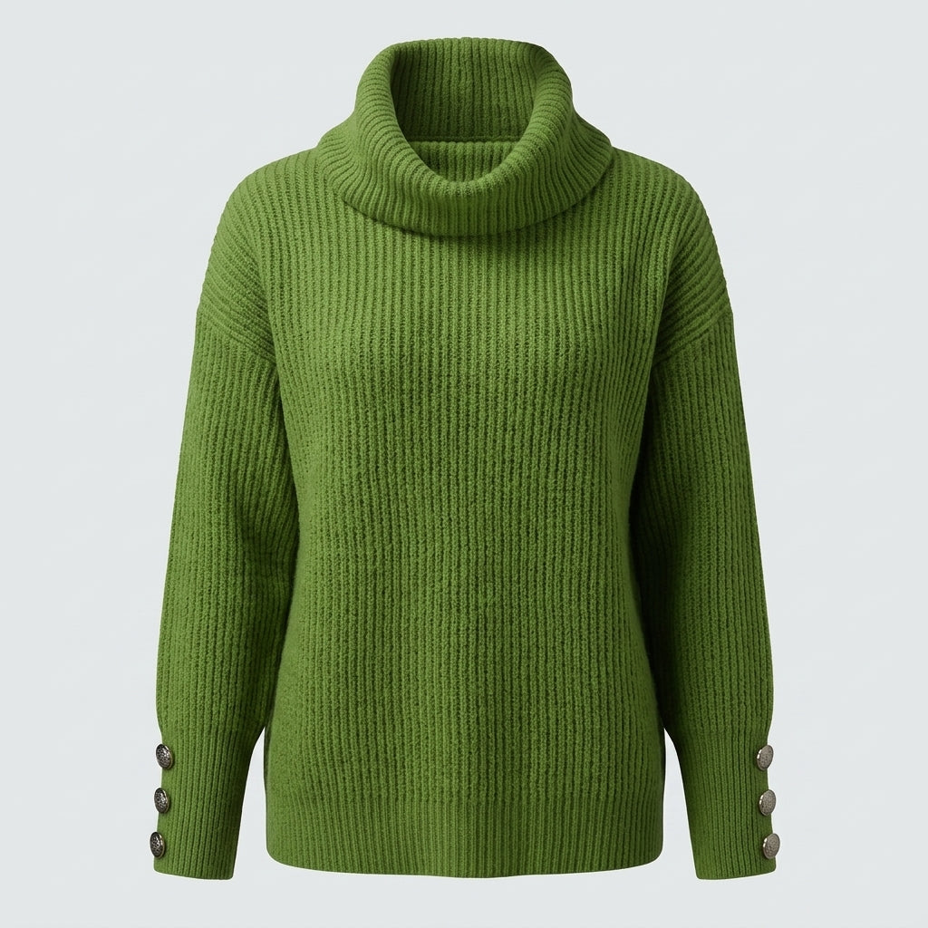 Daphne Sherwood | Turtleneck Button-Cuff Knit Sweater