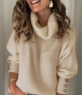 Daphne Sherwood | Turtleneck Button-Cuff Knit Sweater