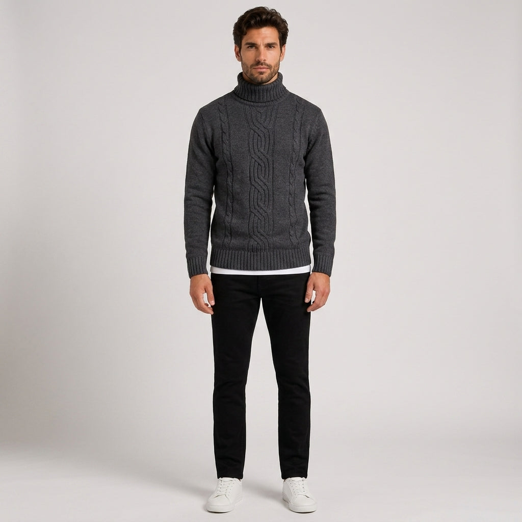 Desmond Turner | Cable Knit Turtleneck Sweater - Dark Grey