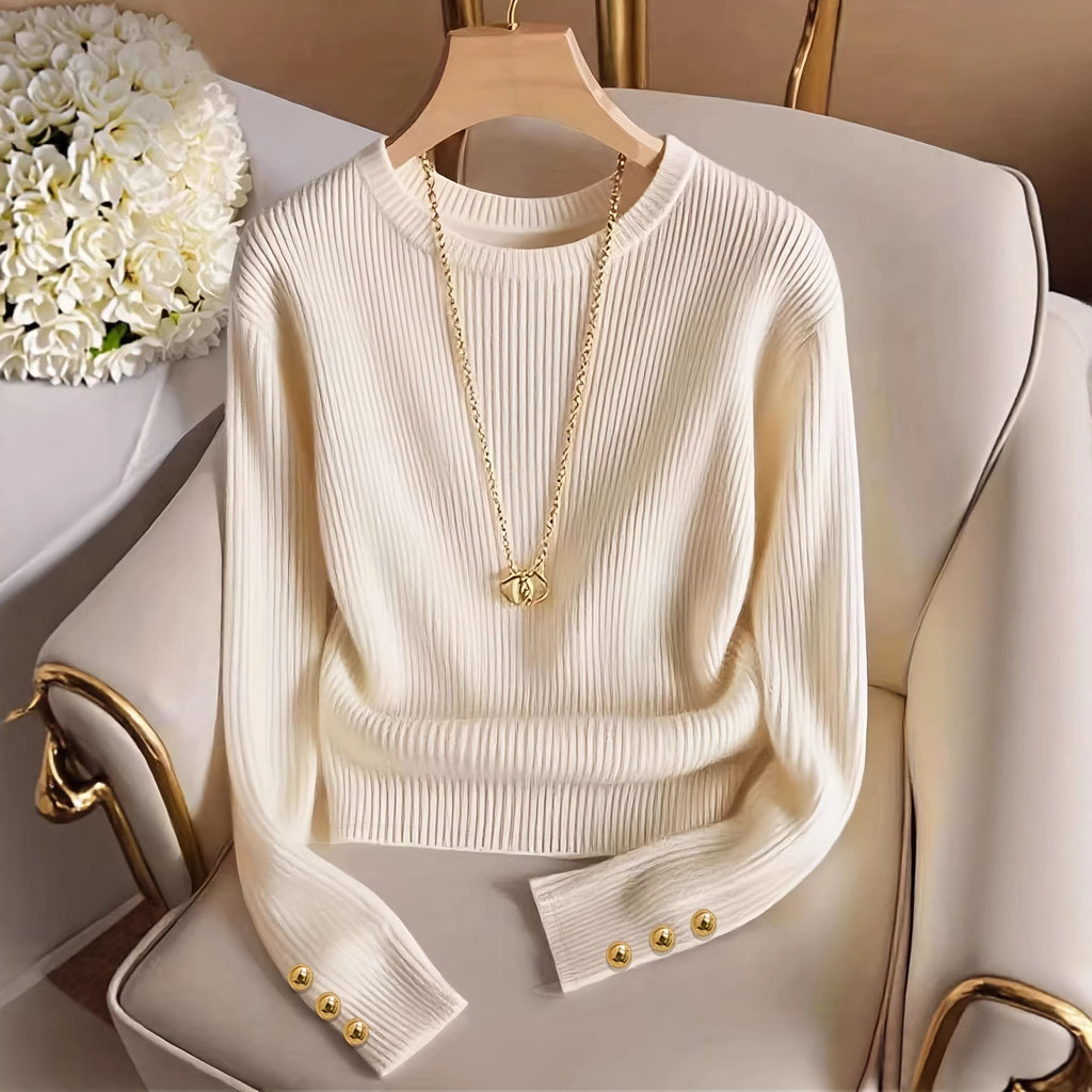 Rosamund Fairweather | Ribbed Knit Long-Sleeve Top with Gold Button Cuffs