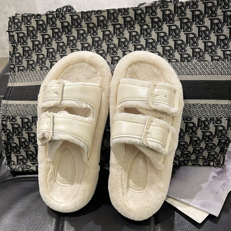 Freya Whitmore | Plush Faux Fur Slippers With Buckle Detail