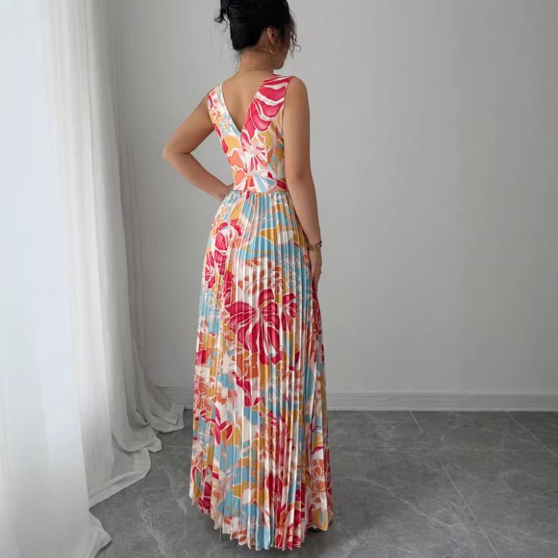 Daisy Trevelyan | Pleated Floral Maxi Dress with Cutout Waist