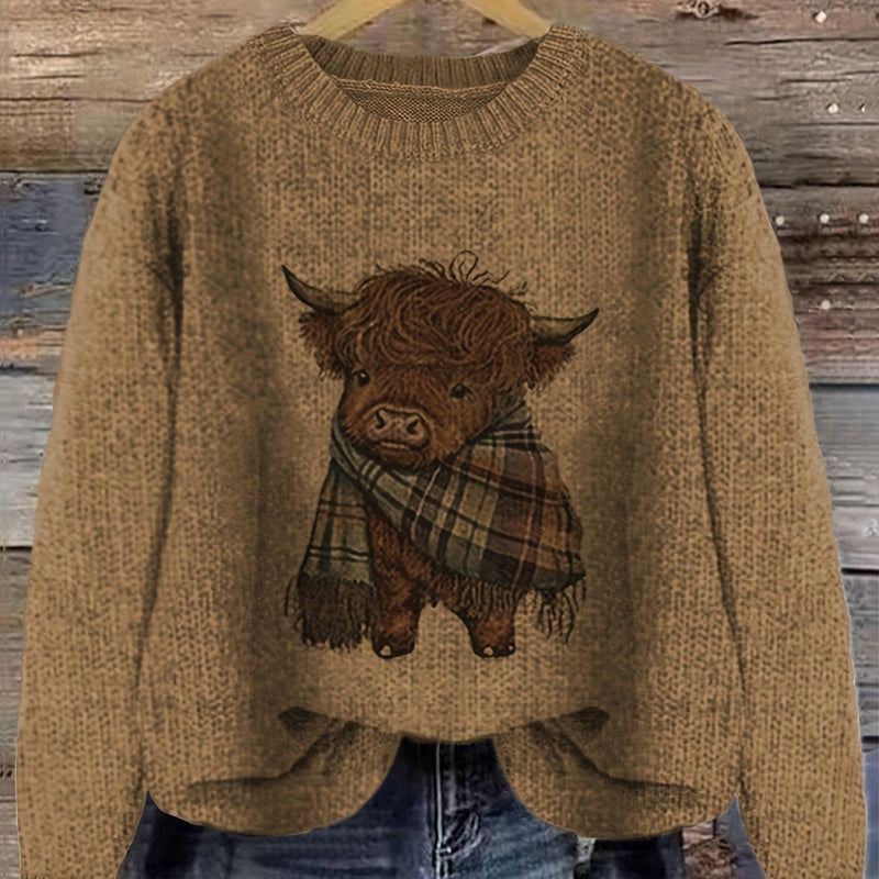 Phoebe Sinclair | Highland Cow Print Chunky Knit Sweater