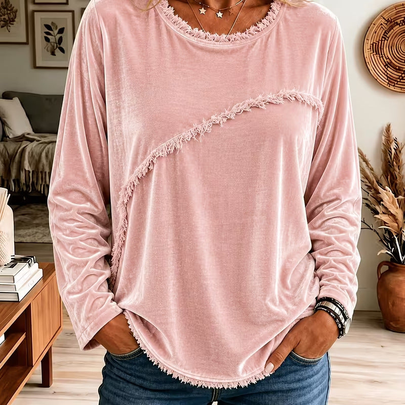 Isobel Grantham | Velvet Tassel Trim Round Neck Long Sleeve Top