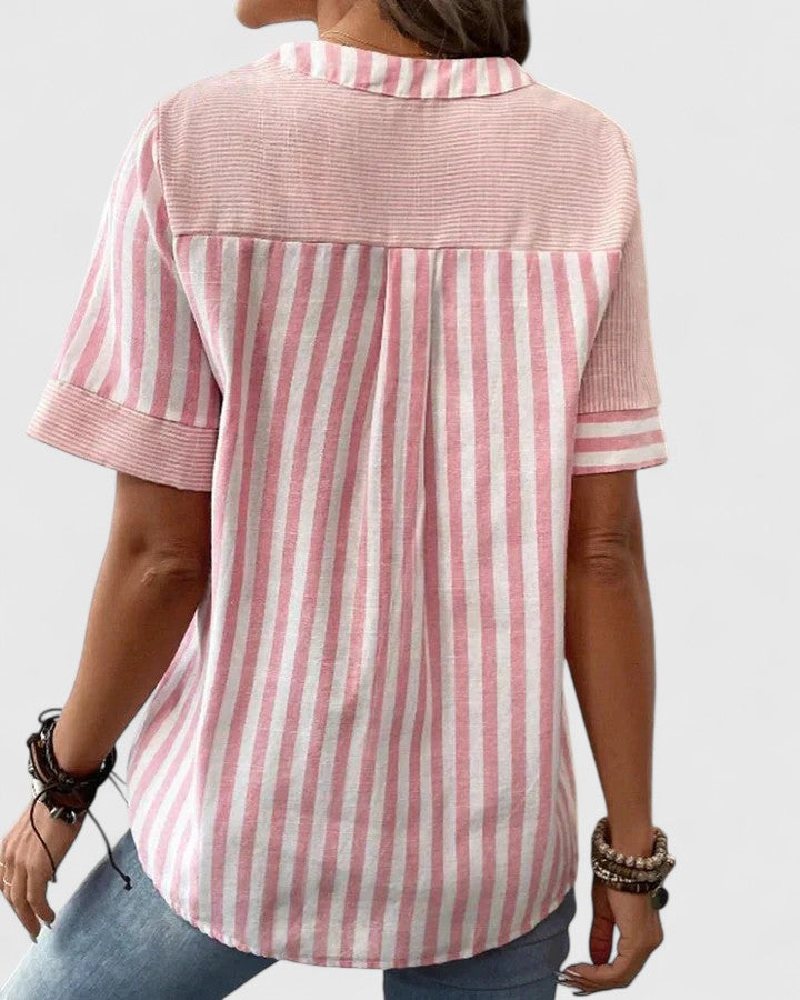 Eleanor Pemberton | Striped Notched-Neck Blouse With Button Detail