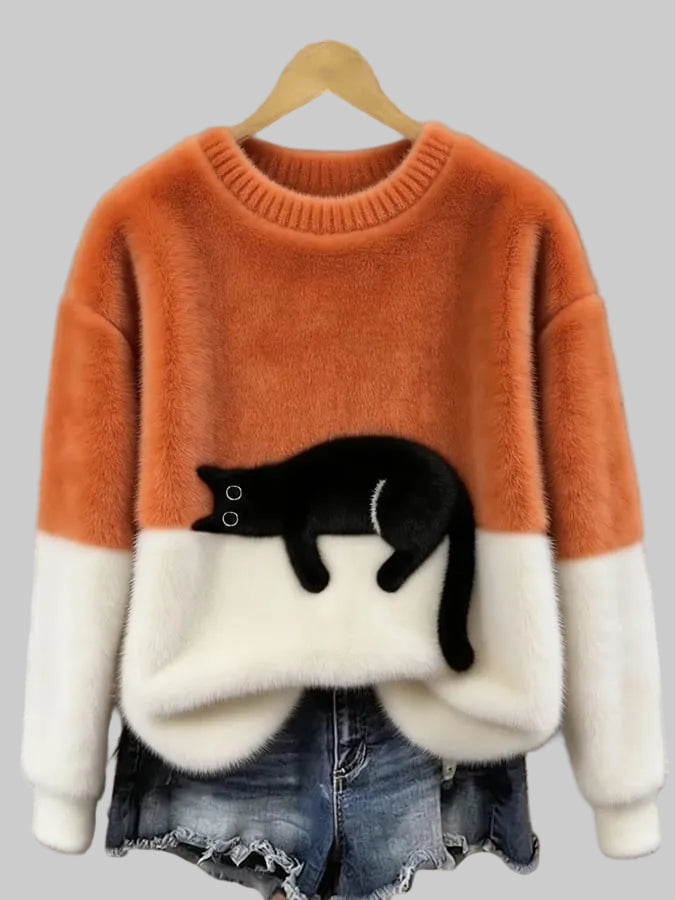 Women's Oversized Cat Print Crew Neck Jumper