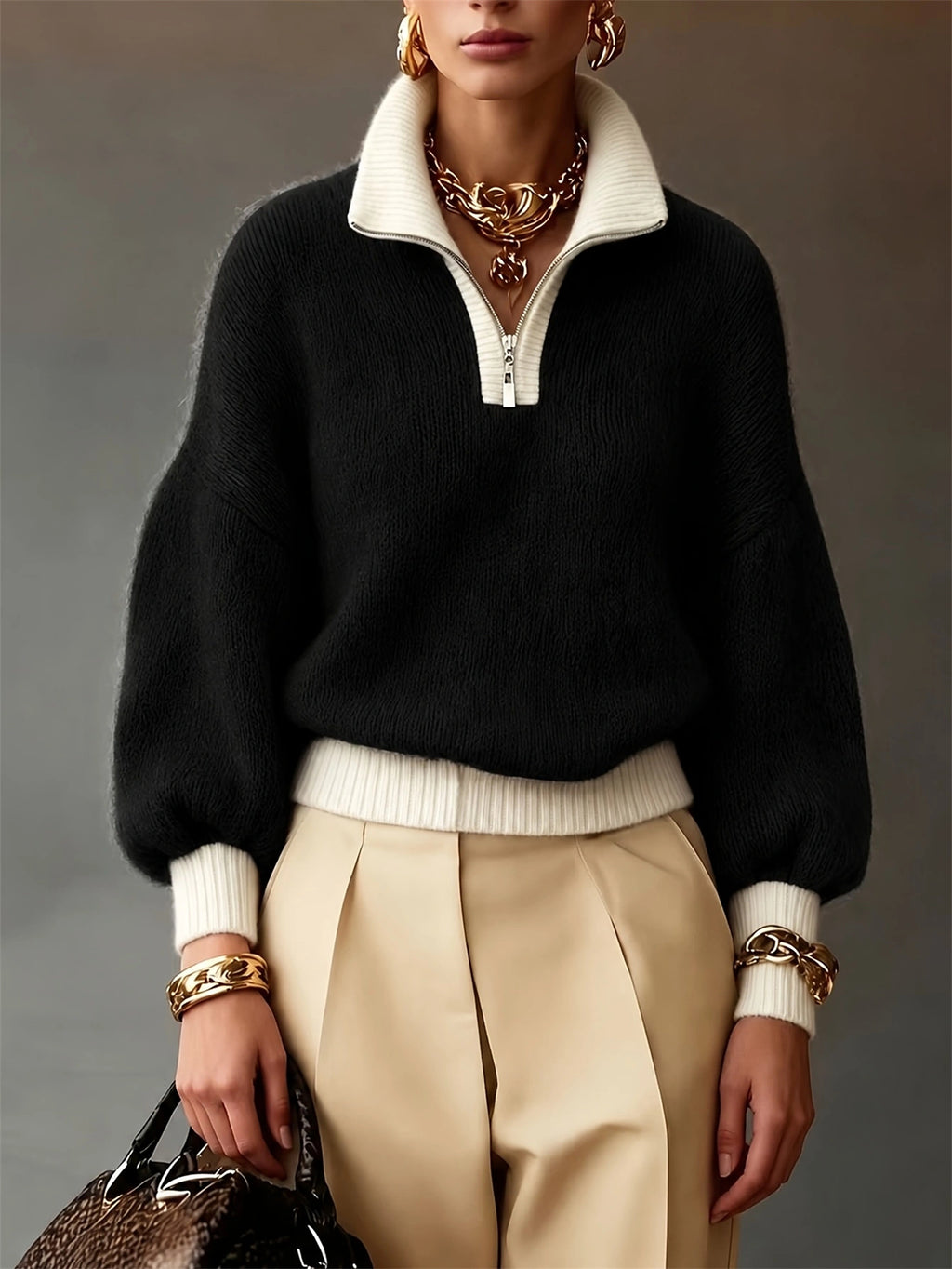Sophie Davies | Lilac Quarter-Zip Balloon Sleeve Sweater