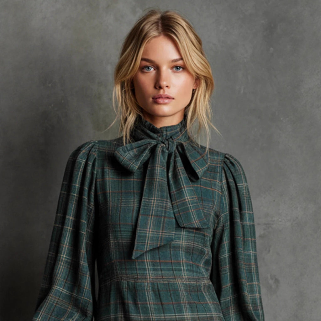 Edith Colston | Bow-Neck Plaid Mini Dress