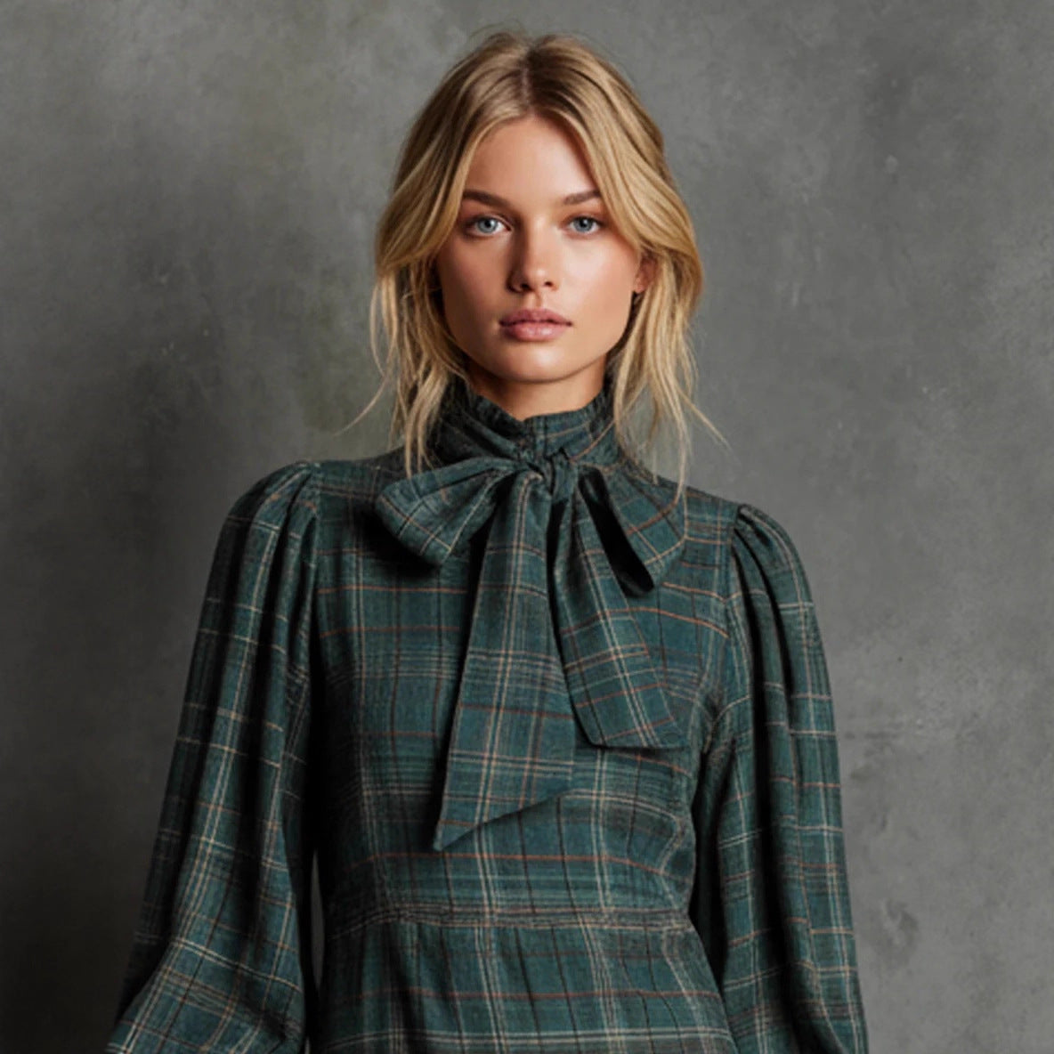 Edith Colston | Bow-Neck Plaid Mini Dress