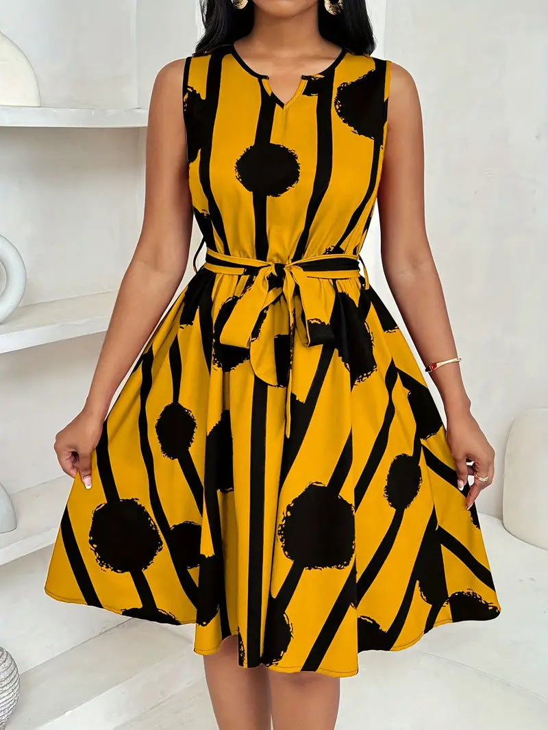 Penelope Rothwell | Printed A-Line Midi Dress With Tie Belt