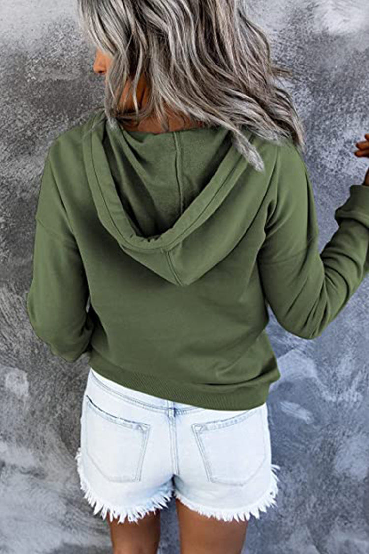 Hattie Marsh | Blue Hooded Button Drawstring Sweatshirt For Women