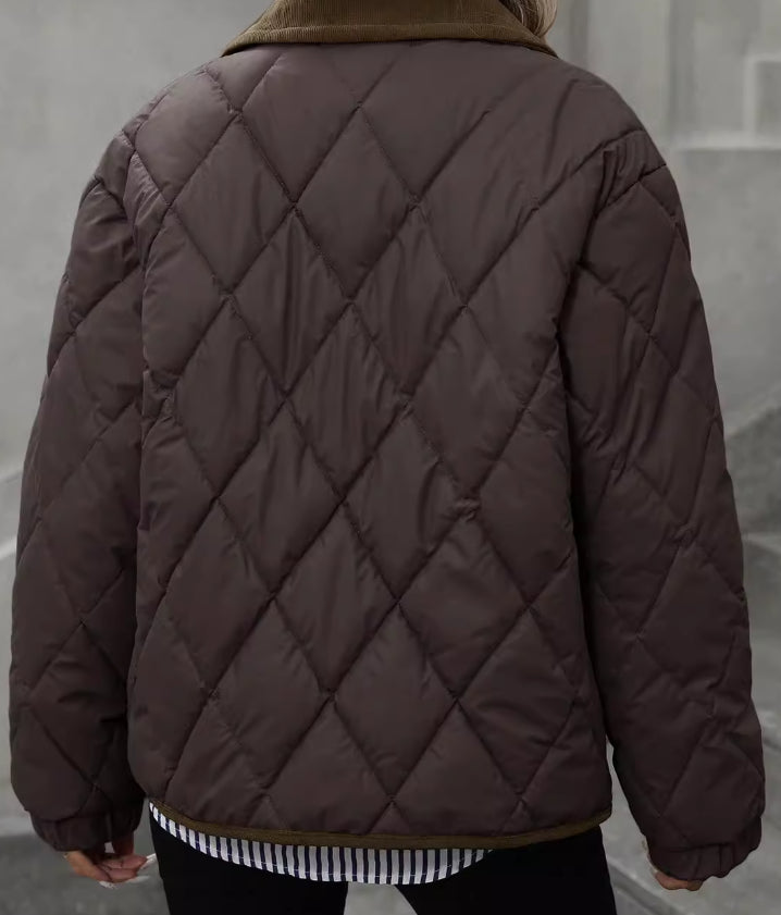 Cecily Evans | Quilted Diamond Puffer Coat with Lapel Collar