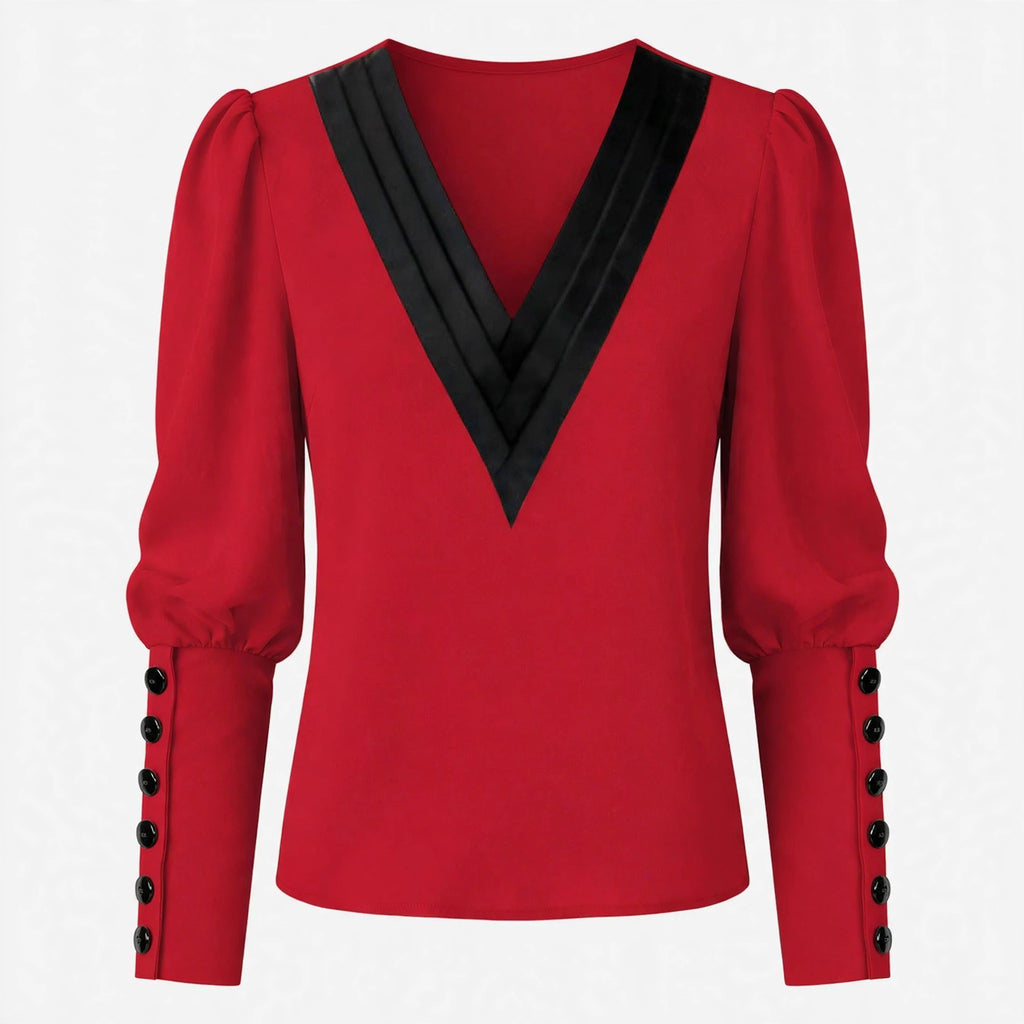 Arabella Fairholme | Colour-Block V-Neck Blouse with Gigot Sleeves