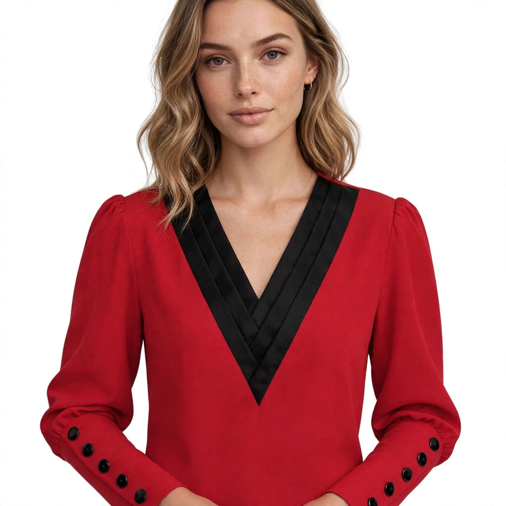 Arabella Fairholme | Colour-Block V-Neck Blouse with Gigot Sleeves