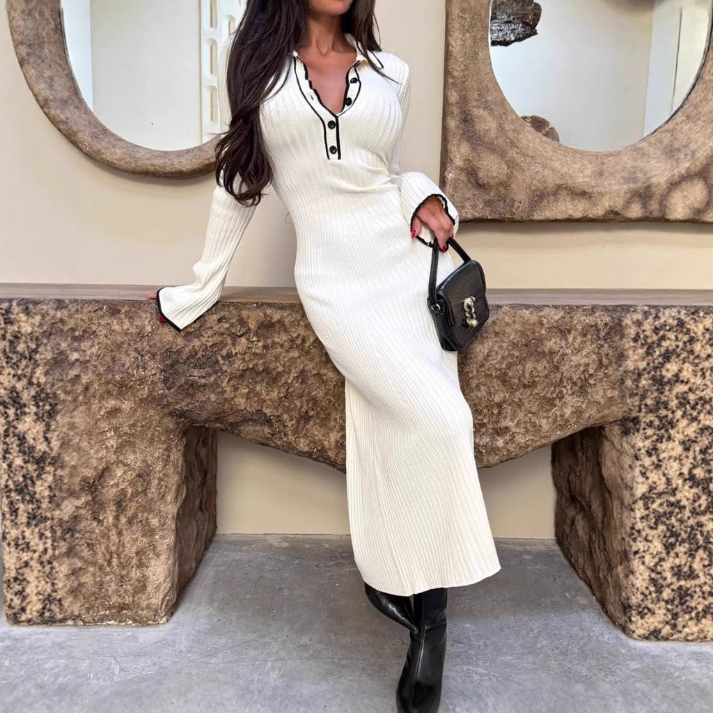 Rosalind Kingsley | Ribbed Knit Midi Dress With Contrast Trim
