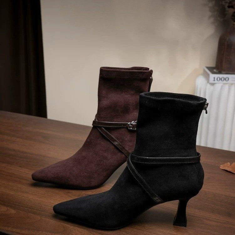 Eleanor Pargeter | Suede Stiletto Ankle Boots With Buckle Strap