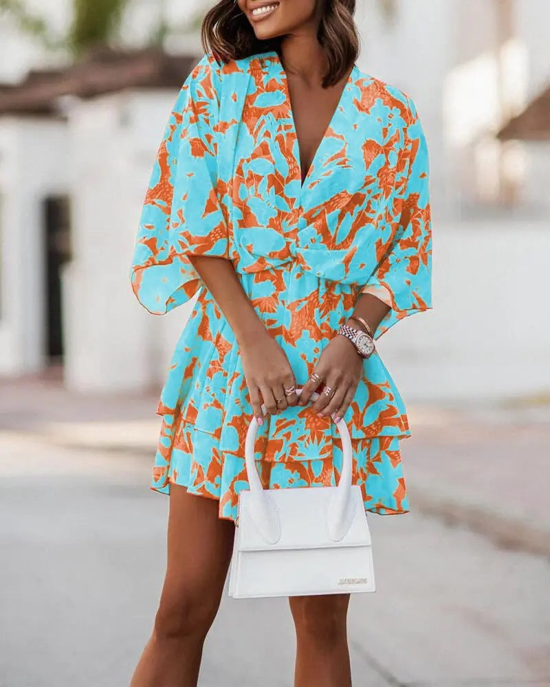 Marianne Oakley | Batwing Sleeve Printed Midi Dress With Twist Front