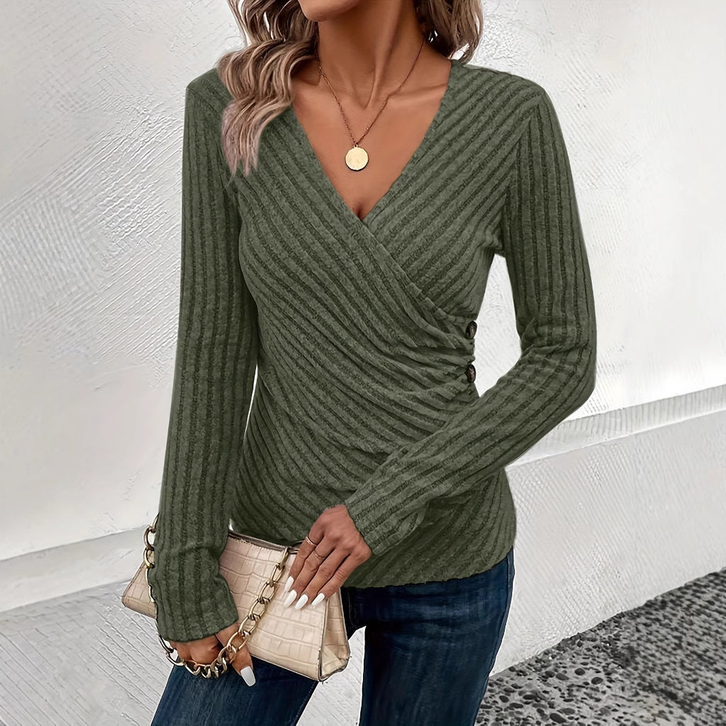 Maeve Kingsley | Ribbed Wrap V-Neck Long Sleeve Top