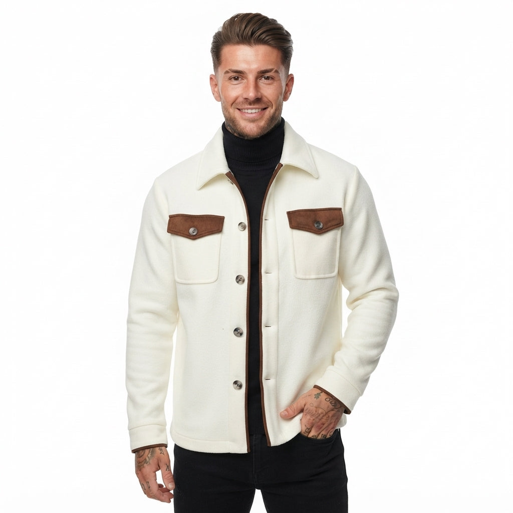 Miles Taylor | Cream Wool-Blend Mens Jacket With Suede Trim