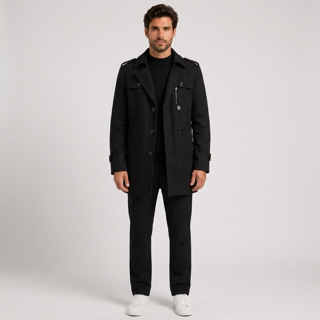 Edward Morris | Navy Double-Breasted Trench Coat - Black