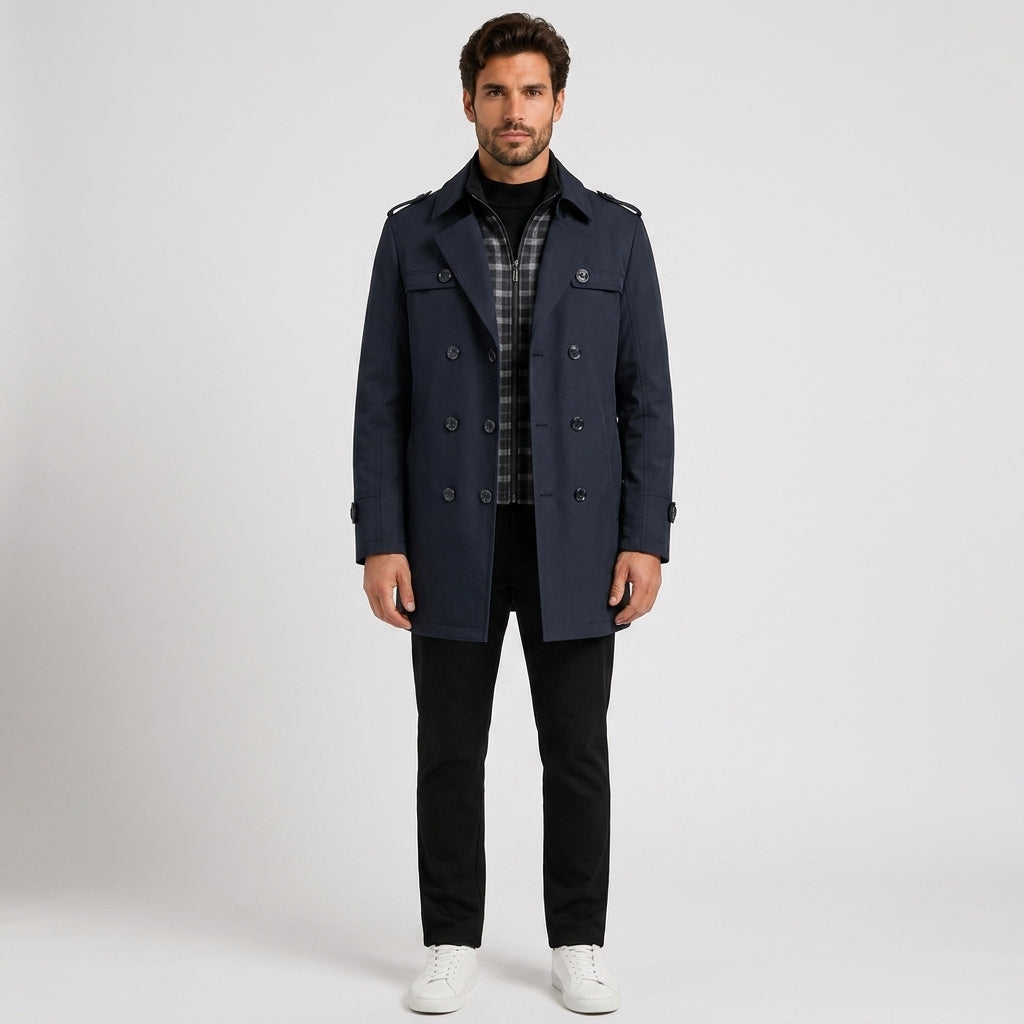 Edward Morris | Navy Double-Breasted Trench Coat - Blue