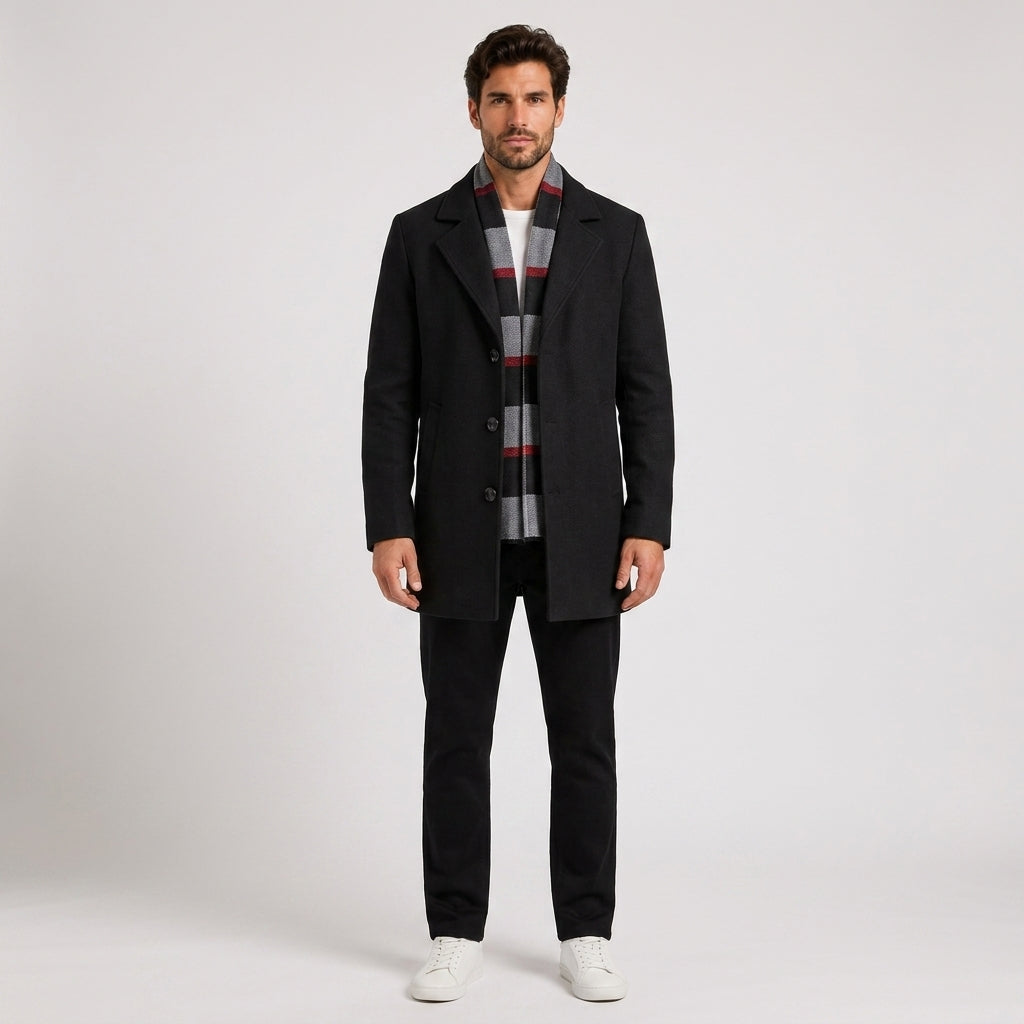 Edward Thompson | Wool Mens Coat With Contrast Scarf Collar - Black