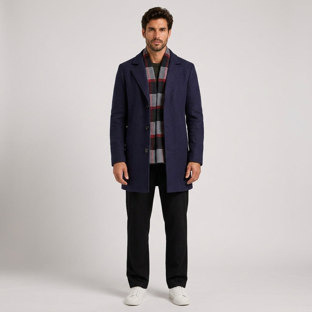 Edward Thompson | Wool Mens Coat With Contrast Scarf Collar - Navy Blue