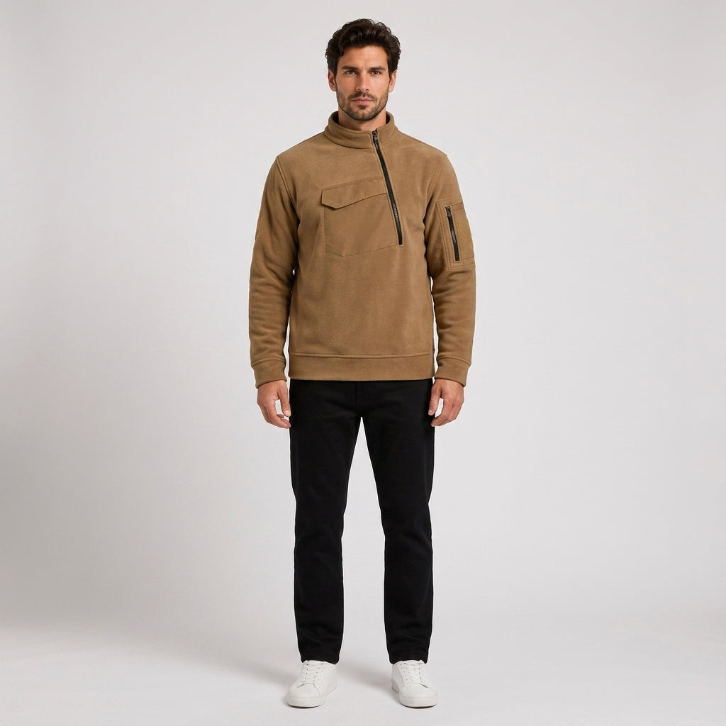 Edward Wood | Fleece Mens Jacket With Tactical Zip Pockets - Khaki