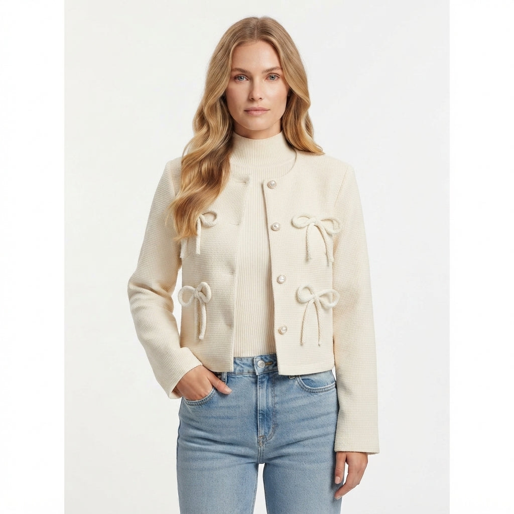 Eleanor Baker | Pink Tweed Bow Cropped Cardigan Jacket